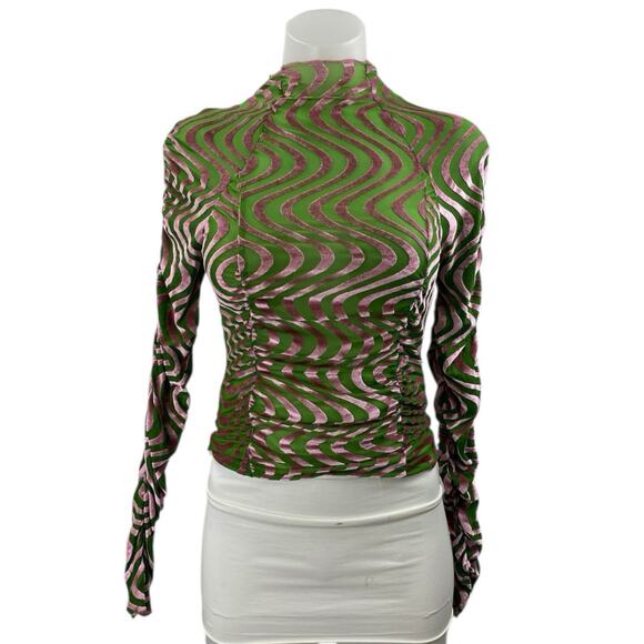 Urban Outfitters Green Pink Velvet Velour Swirl Long Sleeve Mock Neck Blouse S - Picture 1 of 5